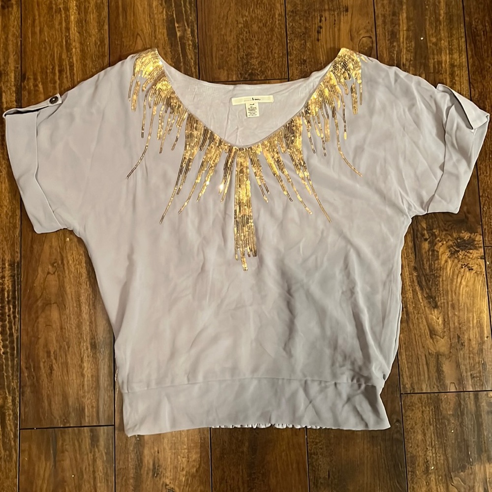 Trinity Women’s Gray & Gold Sequins Dress Top. Elastic In The Back. Size S